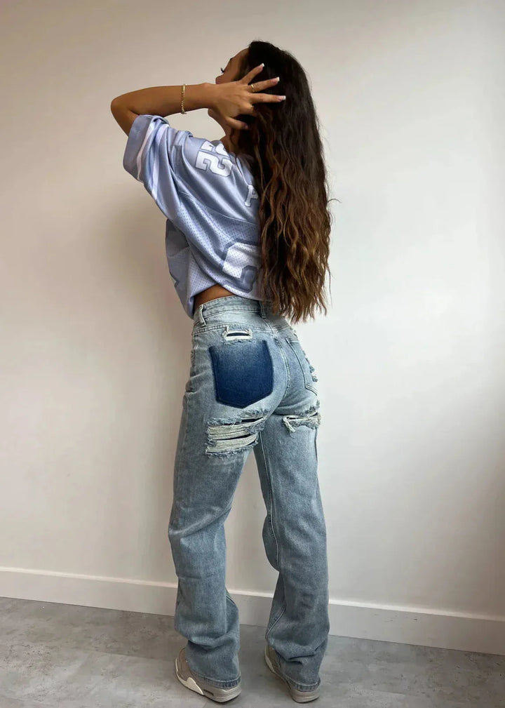 Jean Droit Femme Taille Haute Déchiré
