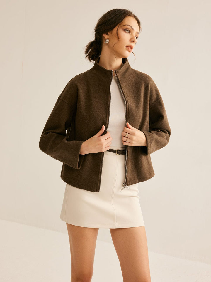 Manteau Court Femme à Col Montant Coupe Légèrement Ample