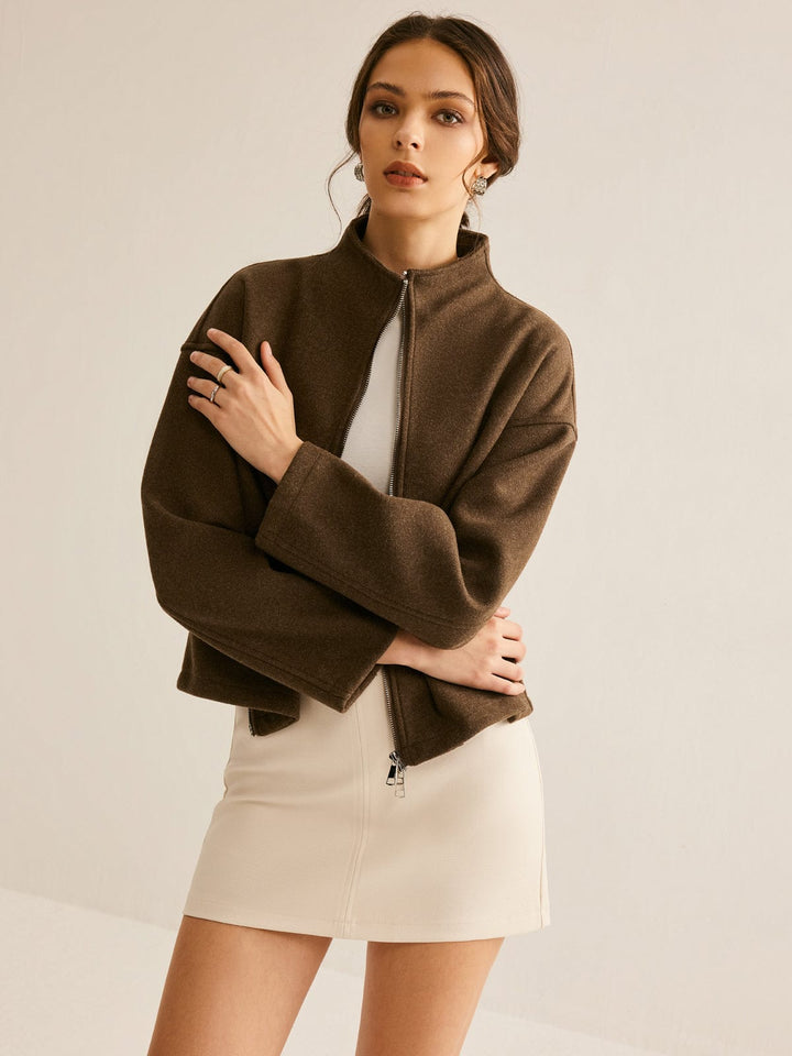 Manteau Court Femme à Col Montant Coupe Légèrement Ample