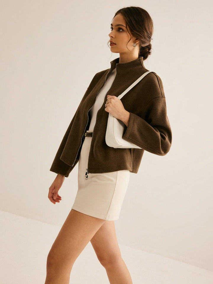 Manteau Court Femme à Col Montant Coupe Légèrement Ample