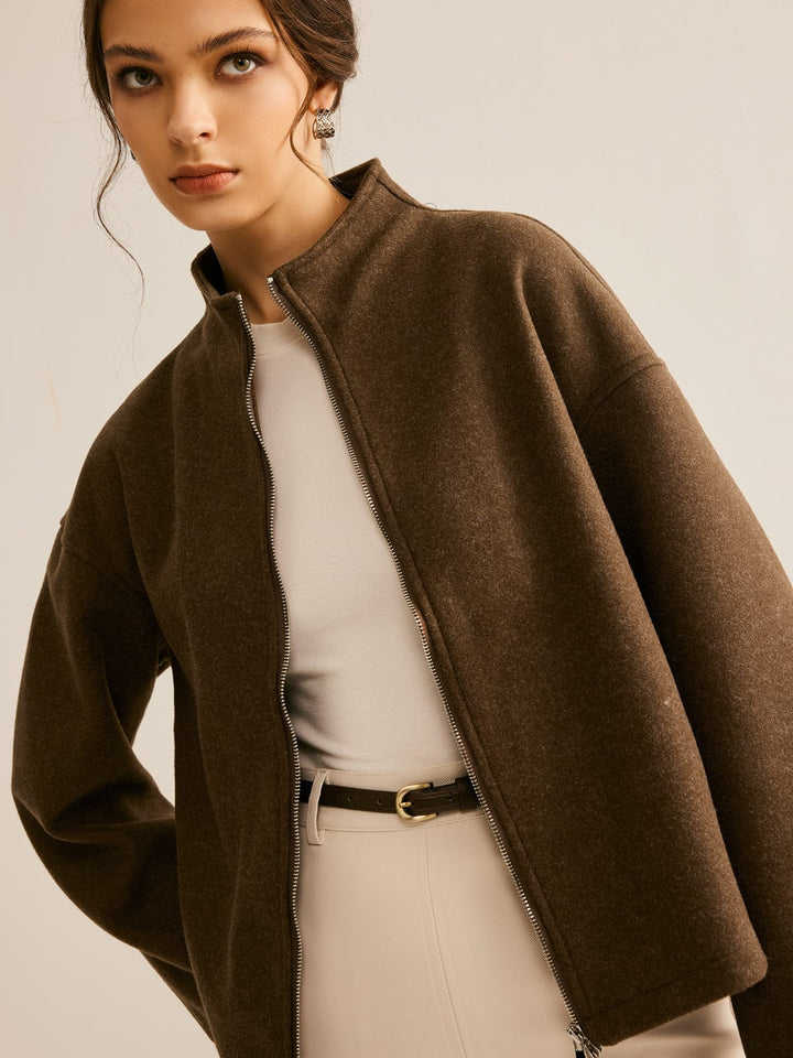 Manteau Court Femme à Col Montant Coupe Légèrement Ample
