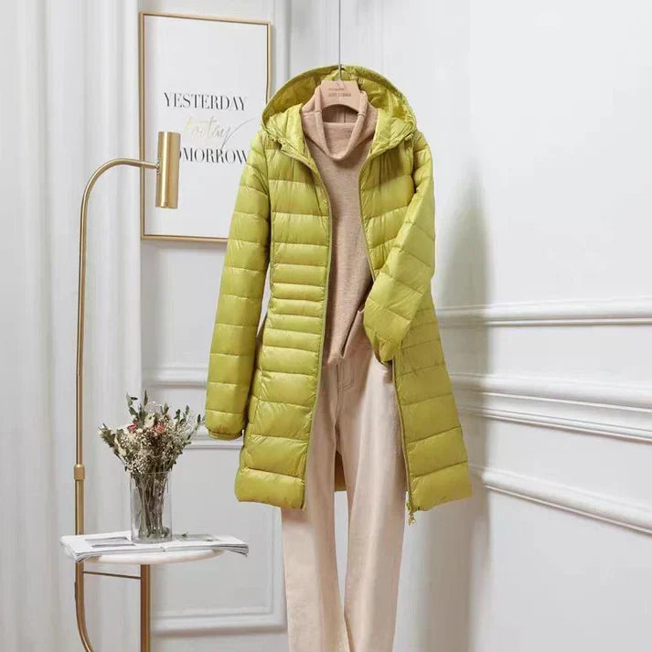 Manteau Long Femme Imbotté À Capuche Fermeture Zippée Et Poches Latérales