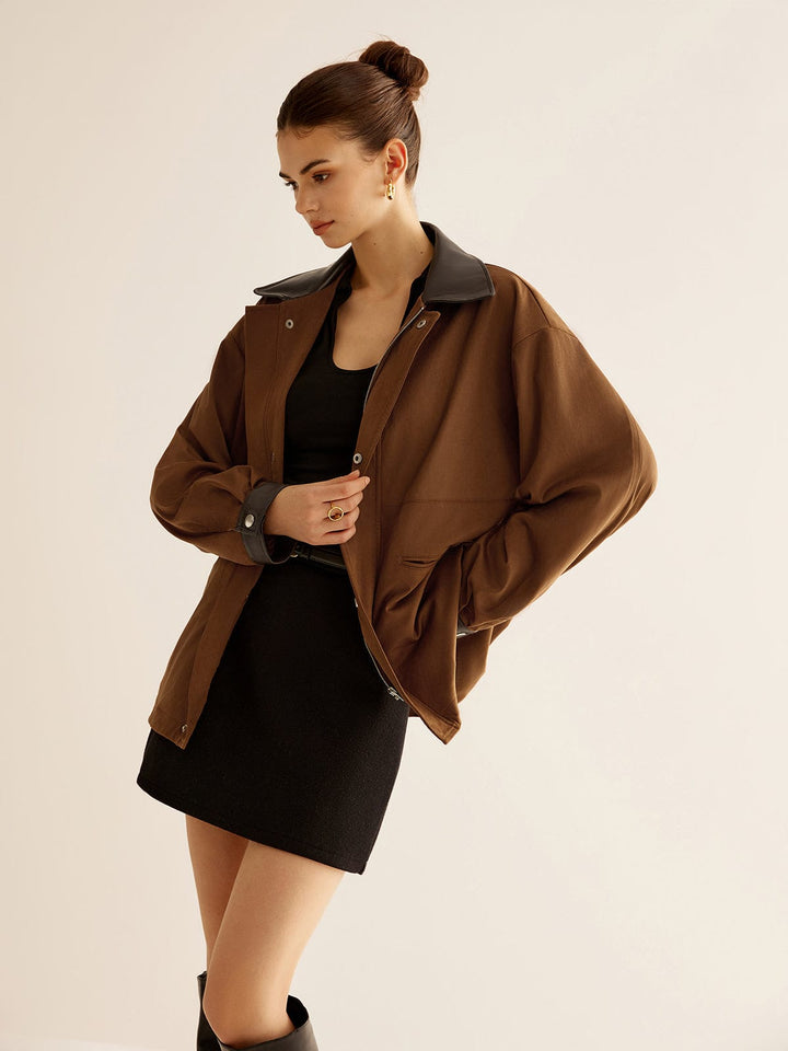 Veste Oversize Femme en Polyester avec Col et Poignets en Simili-Cuir