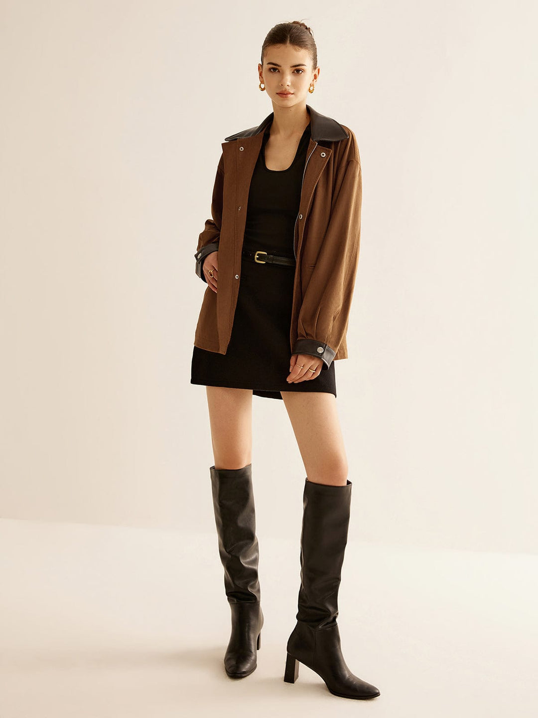 Veste Oversize Femme en Polyester avec Col et Poignets en Simili-Cuir