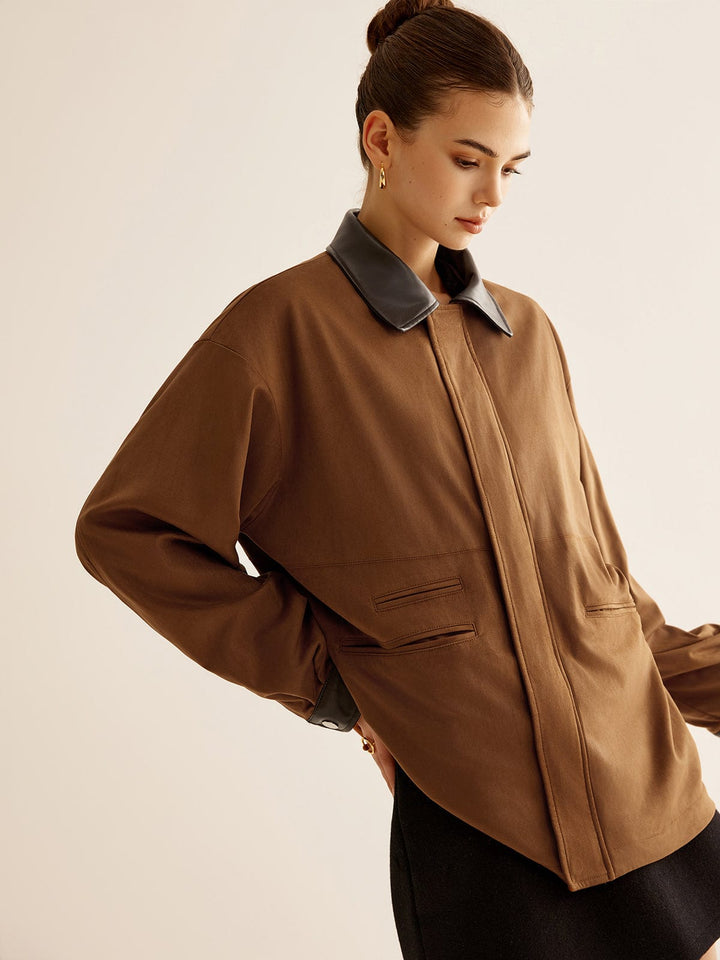 Veste Oversize Femme en Polyester avec Col et Poignets en Simili-Cuir