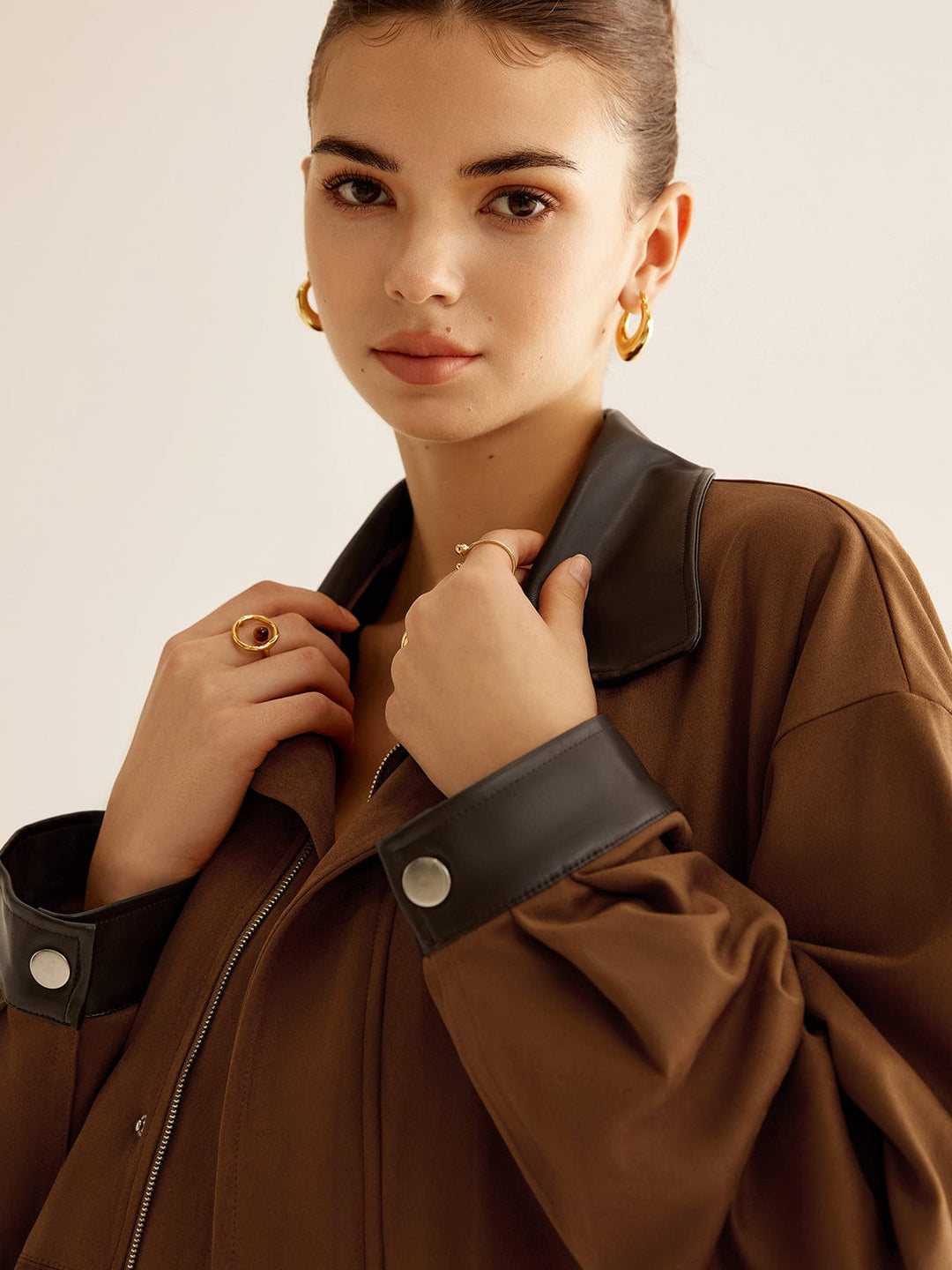 Veste Oversize Femme en Polyester avec Col et Poignets en Simili-Cuir