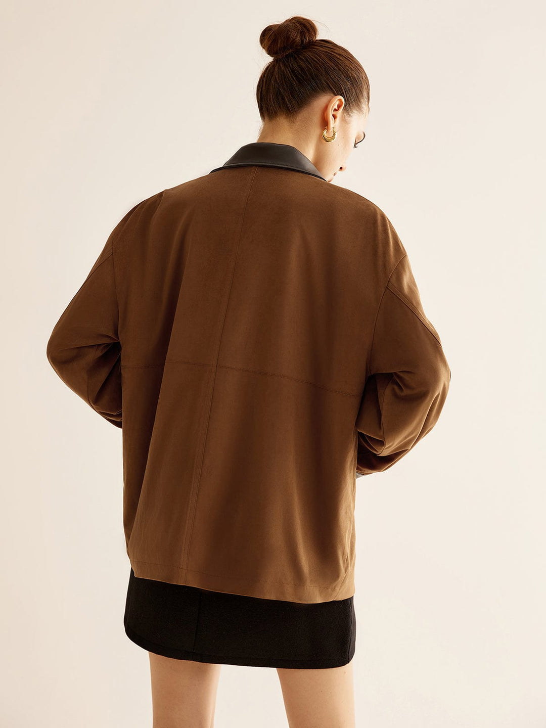 Veste Oversize Femme en Polyester avec Col et Poignets en Simili-Cuir