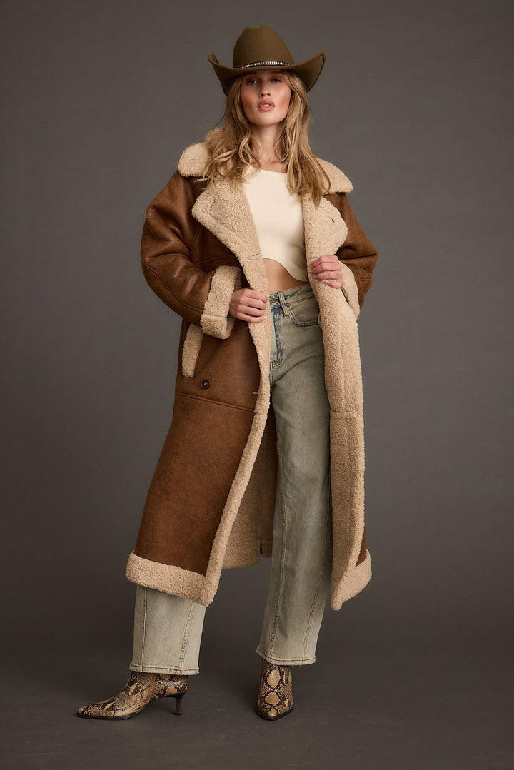Manteau Long Femme Col Fausse Fourrure Doublé Et Poignets Reversibles