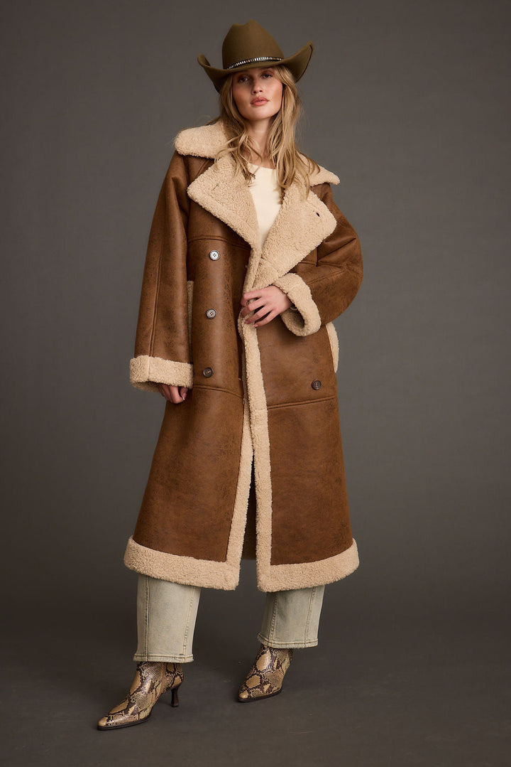 Manteau Long Femme Col Fausse Fourrure Doublé Et Poignets Reversibles