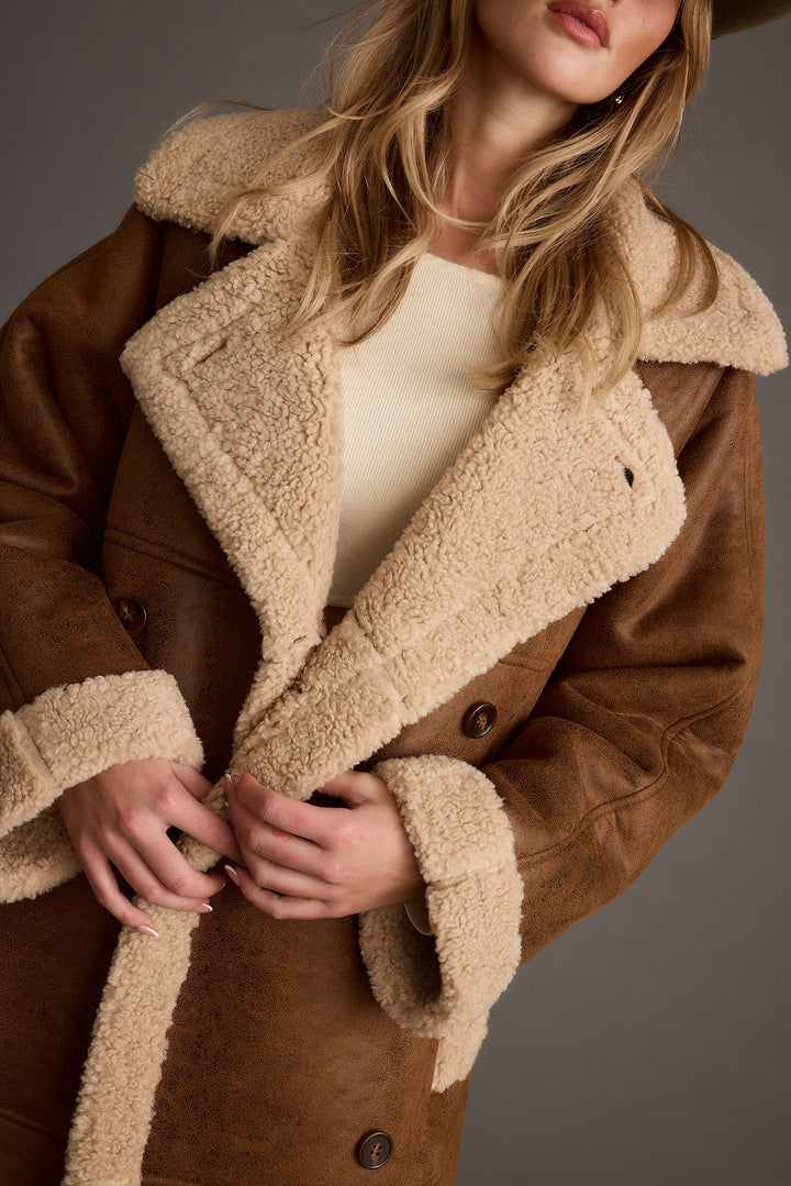 Manteau Long Femme Col Fausse Fourrure Doublé Et Poignets Reversibles