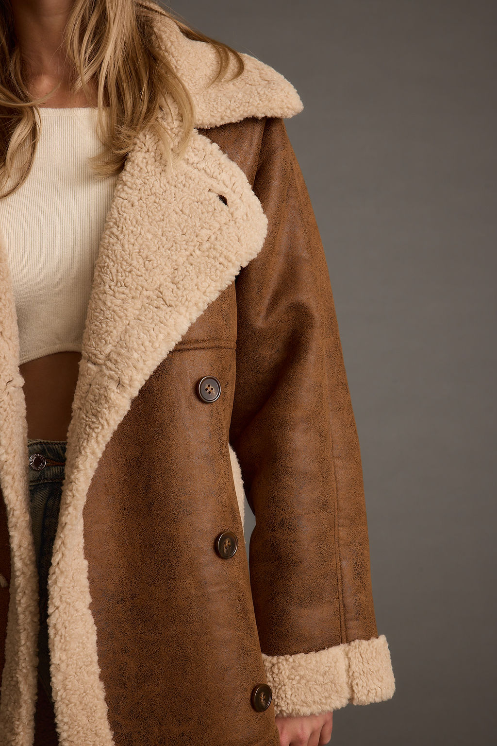 Manteau Long Femme Col Fausse Fourrure Doublé Et Poignets Reversibles