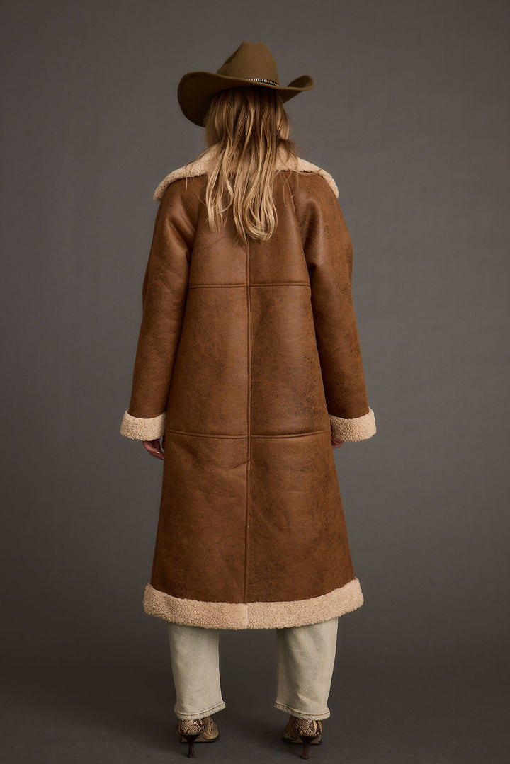 Manteau Long Femme Col Fausse Fourrure Doublé Et Poignets Reversibles