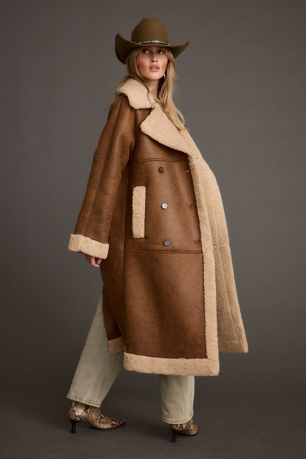 Manteau Long Femme Col Fausse Fourrure Doublé Et Poignets Reversibles