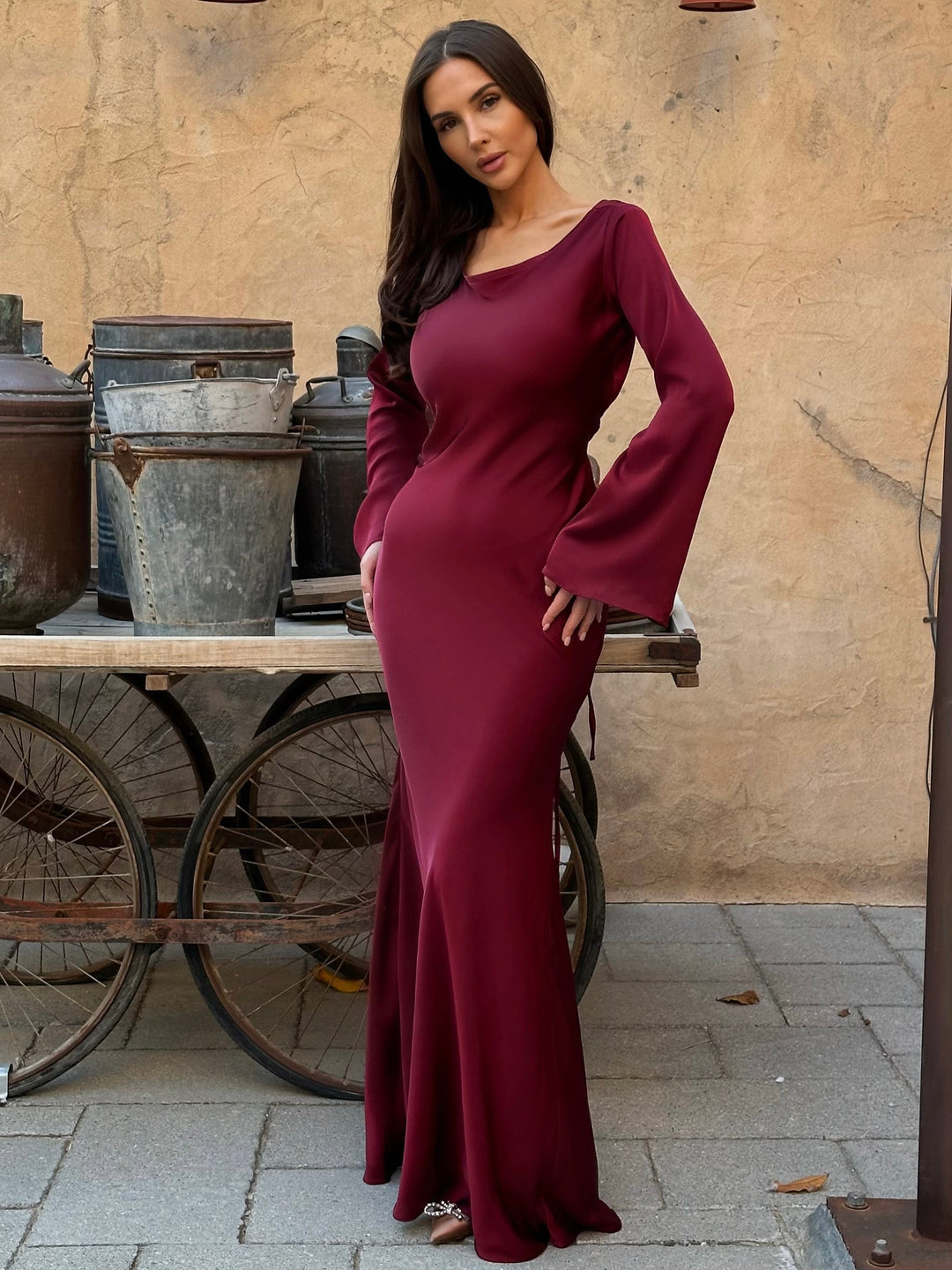 Robe Longue Femme Manches Longues Col Rond Taille Cintrée