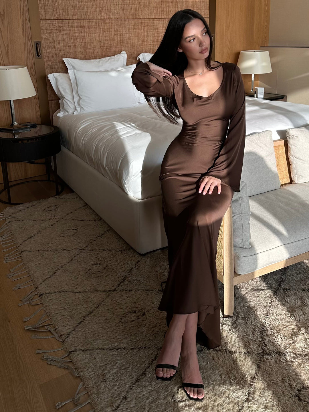 Robe Longue Femme Manches Longues Col Rond Taille Cintrée