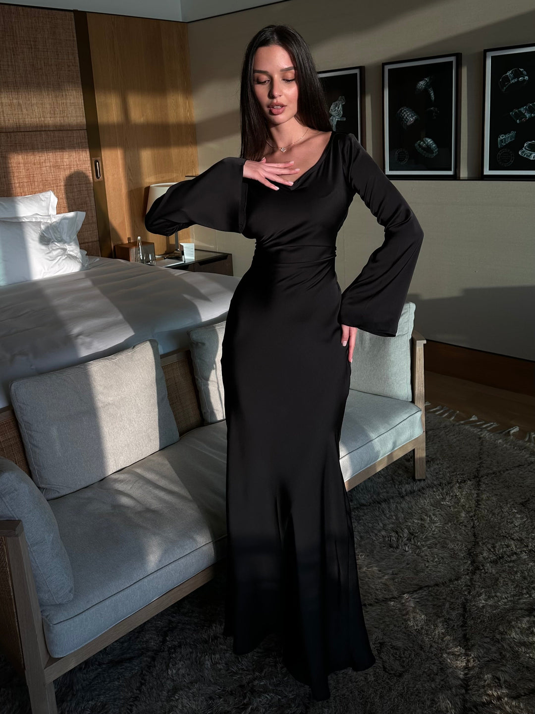Robe Longue Femme Manches Longues Col Rond Taille Cintrée