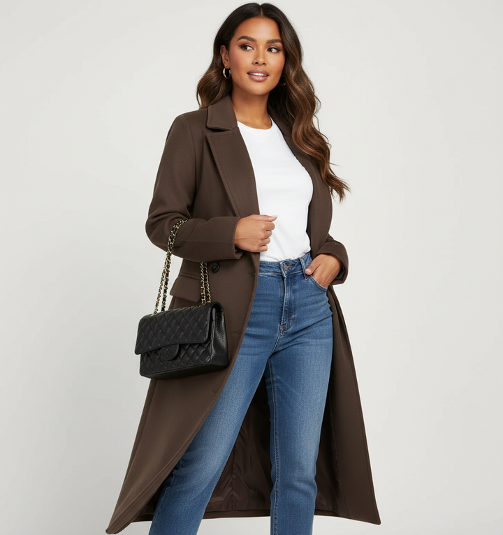 Manteau Long Femme Double Boutonnage à Revers Larges