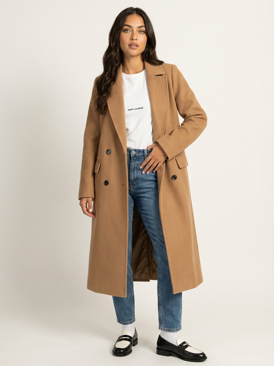 Manteau Long Femme Double Boutonnage à Revers Larges