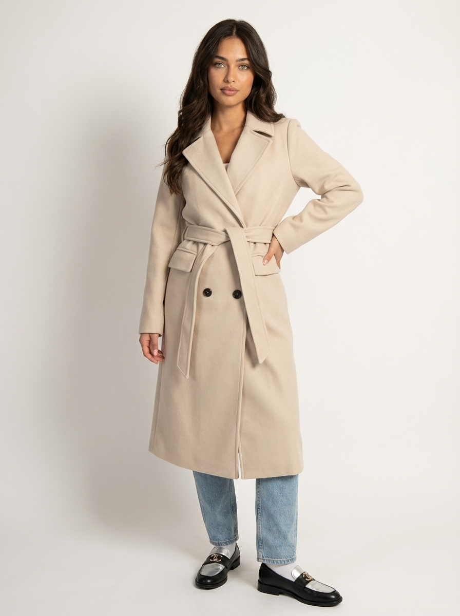 Manteau Long Femme Double Boutonnage à Revers Larges