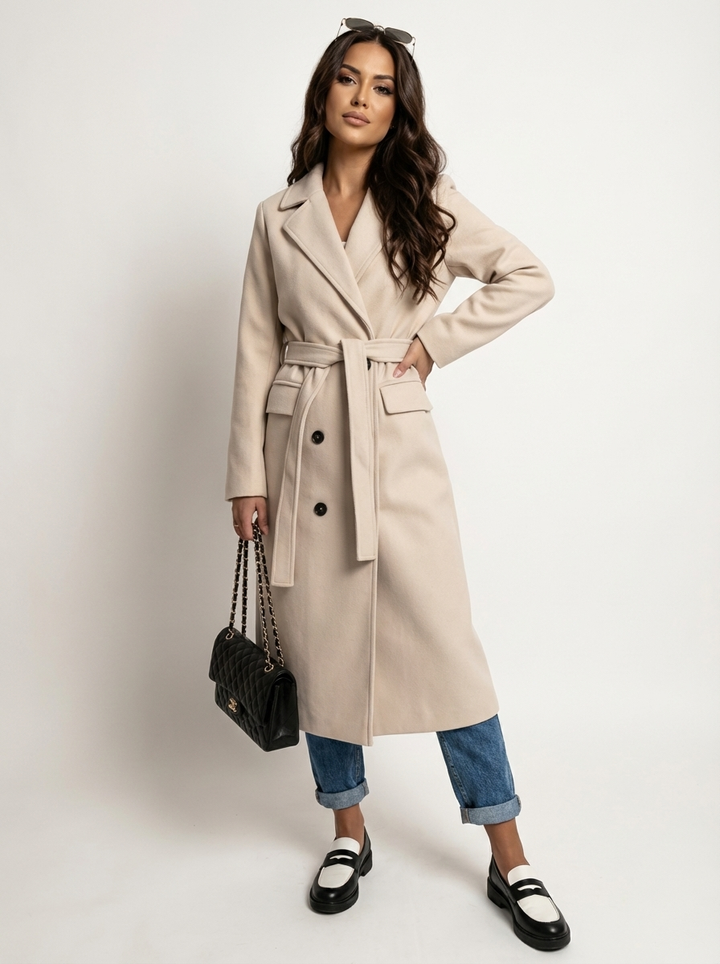 Manteau Long Femme Double Boutonnage à Revers Larges