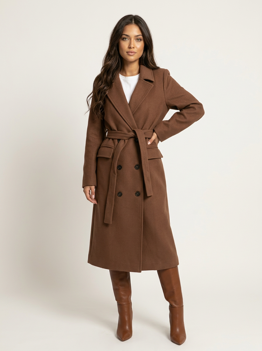 Manteau Long Femme Double Boutonnage à Revers Larges