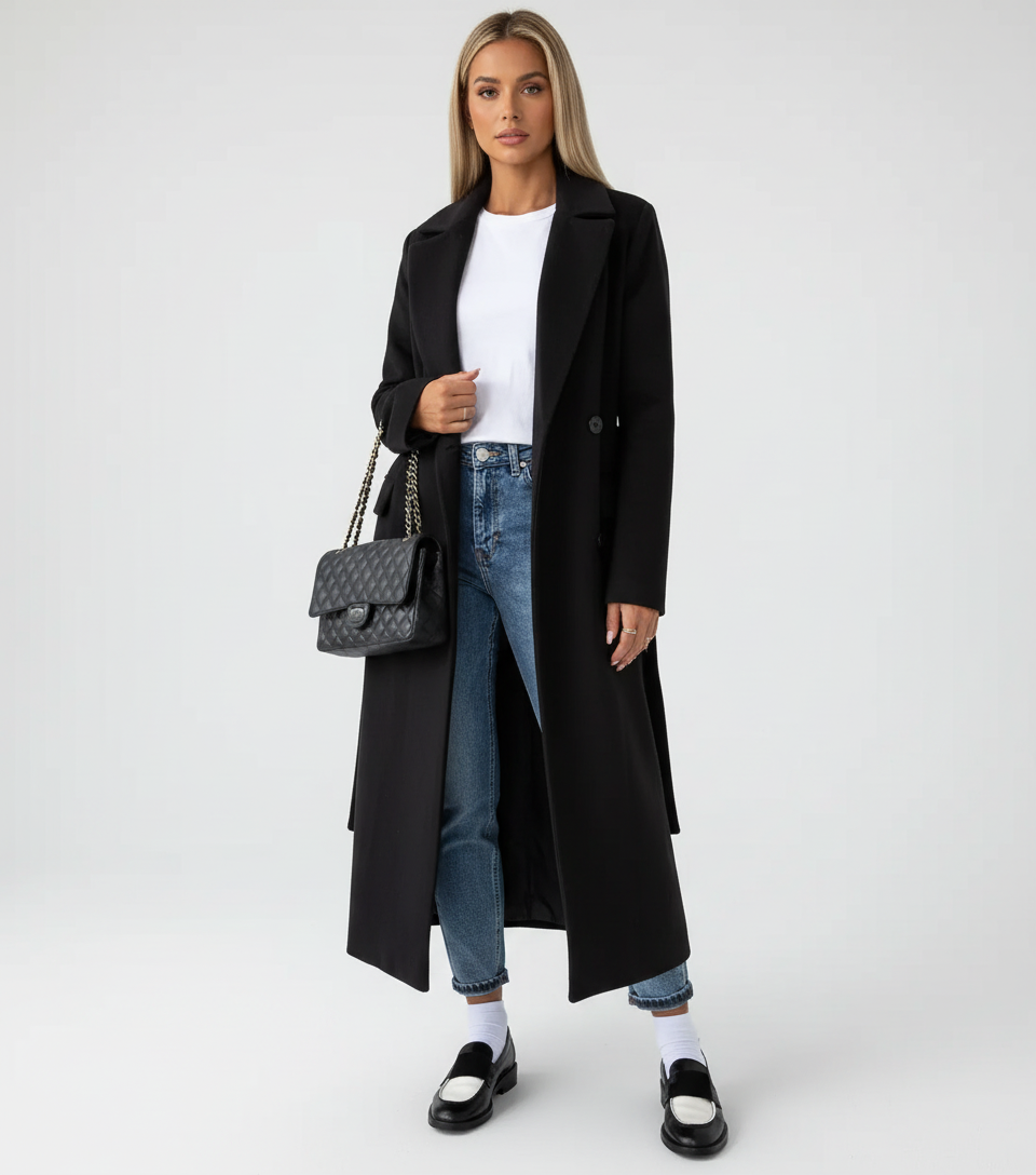 Manteau Long Femme Double Boutonnage à Revers Larges