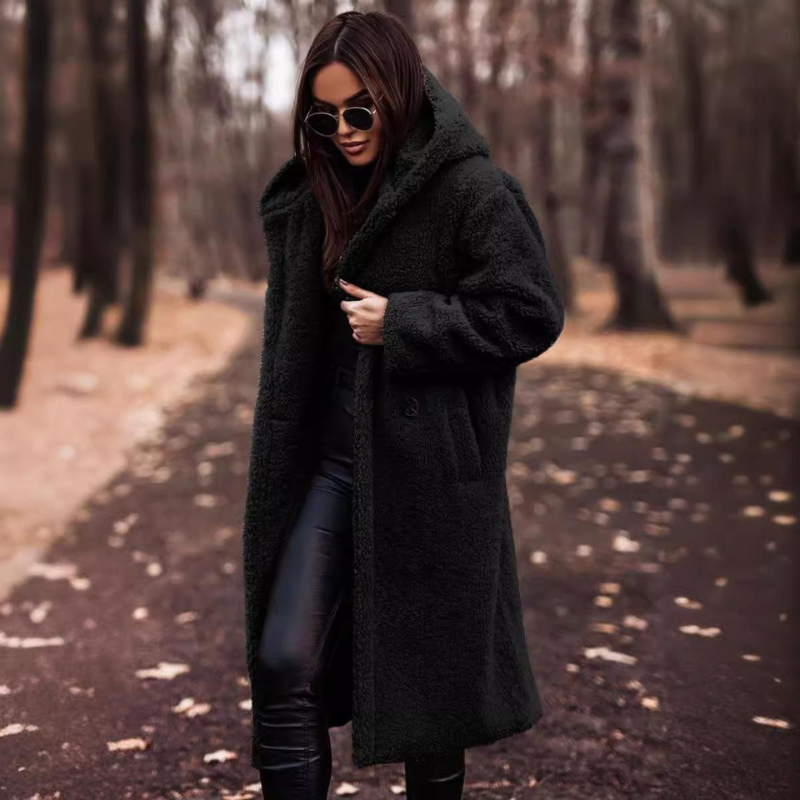 Manteau Teddy Long Femme à Capuche avec Doublure