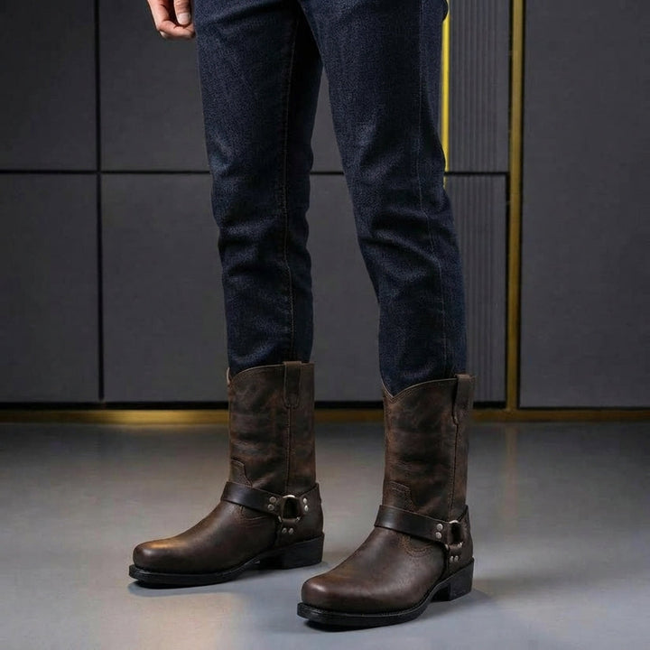 Bottes Western Homme Montantes à Boucle Bout Rond