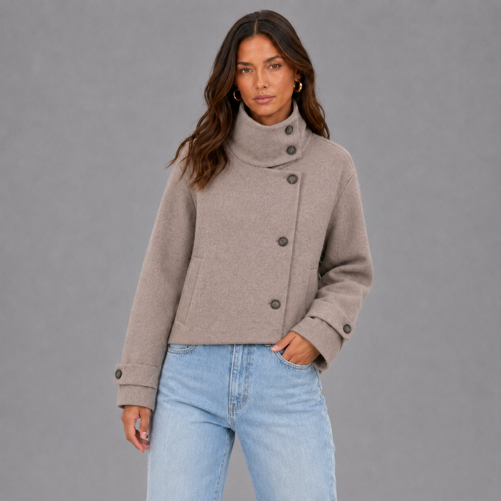 Veste Courte Femme en Laine Mélangée avec Col Montant et Fermeture Boutonnée Asymétrique
