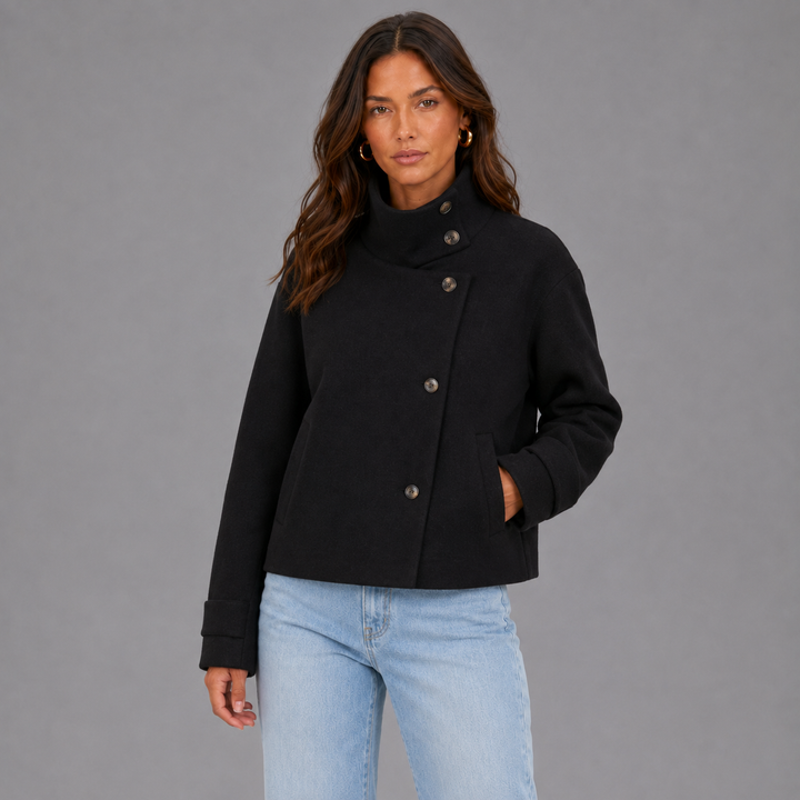 Veste Courte Femme en Laine Mélangée avec Col Montant et Fermeture Boutonnée Asymétrique