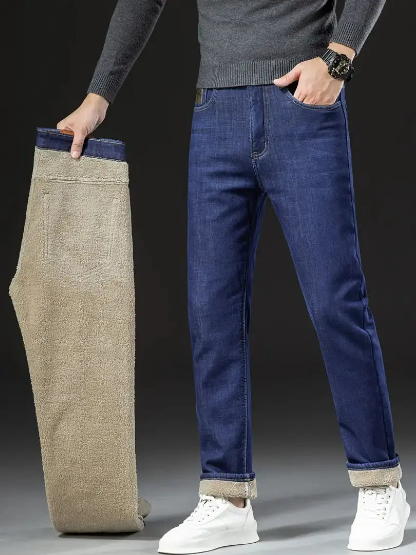 Jean Homme Doublure Polaire Coupe Regular Cinq Poches Fermeture Zip Et Bouton