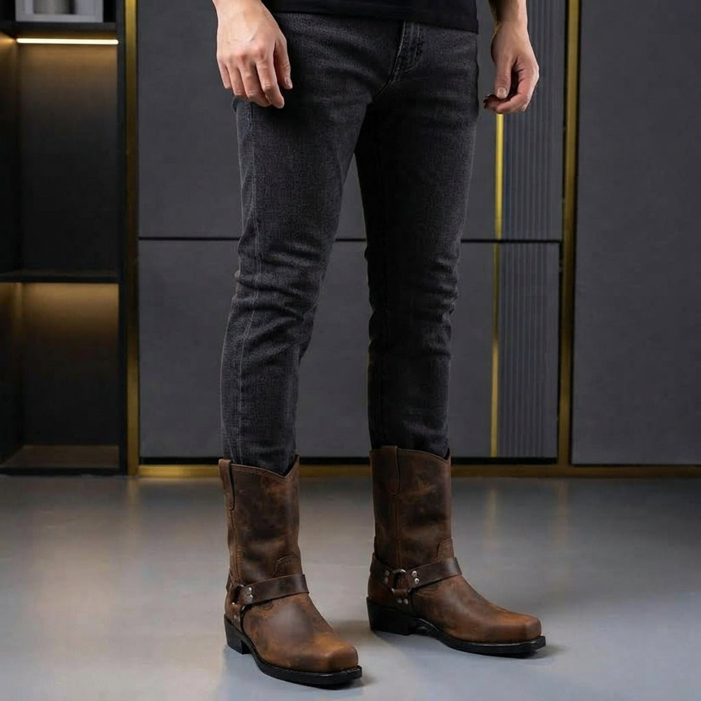 Bottes Western Homme Montantes à Boucle Bout Rond