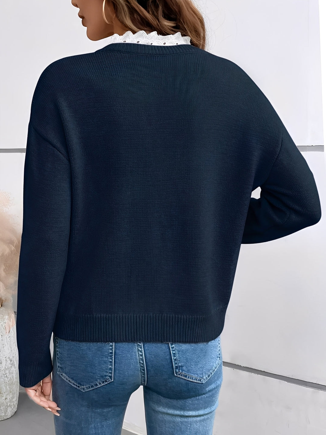 Pull Femme Col V avec Col Dentelle