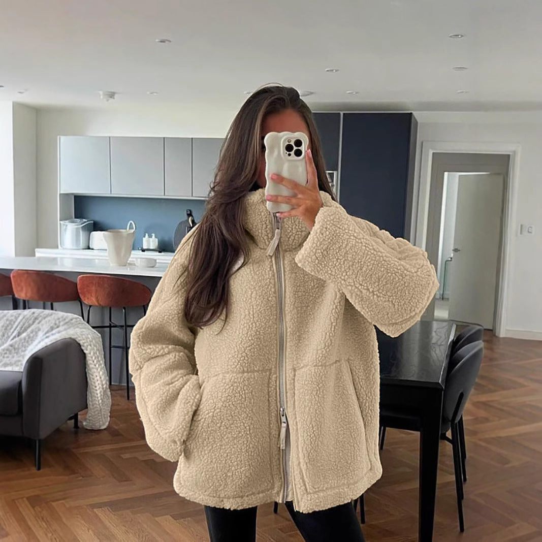 Manteau Teddy Femme Zippé Col Montant Poches Plaquées