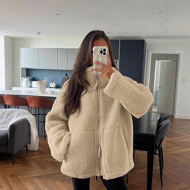 Manteau Teddy Femme Zippé Col Montant Poches Plaquées