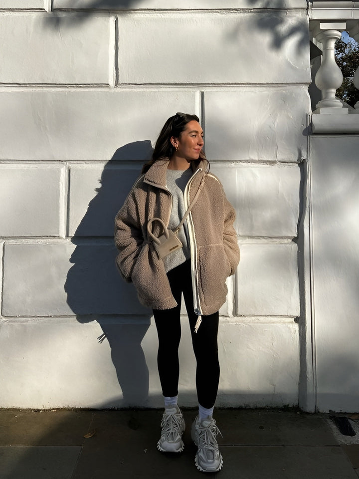 Manteau Femme Teddy À Capuche Zip Intégral Coupe Décontractée Et Poches