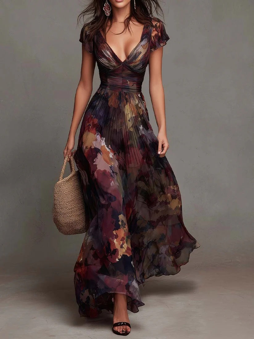Genevieve - Watercolour Floral Pleated Maxi Dress