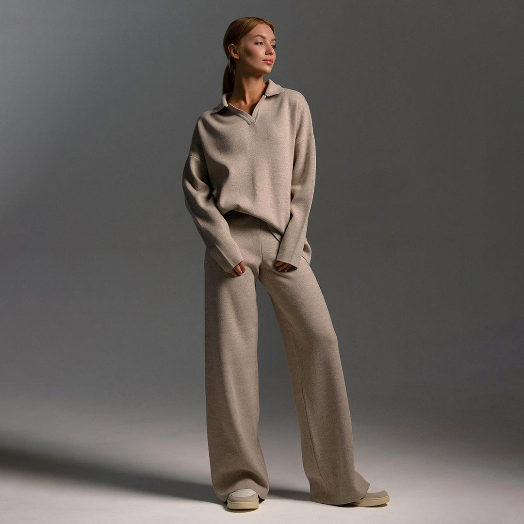 Ensemble Femme 2 Pièces avec Pull Polo et Pantalon Large