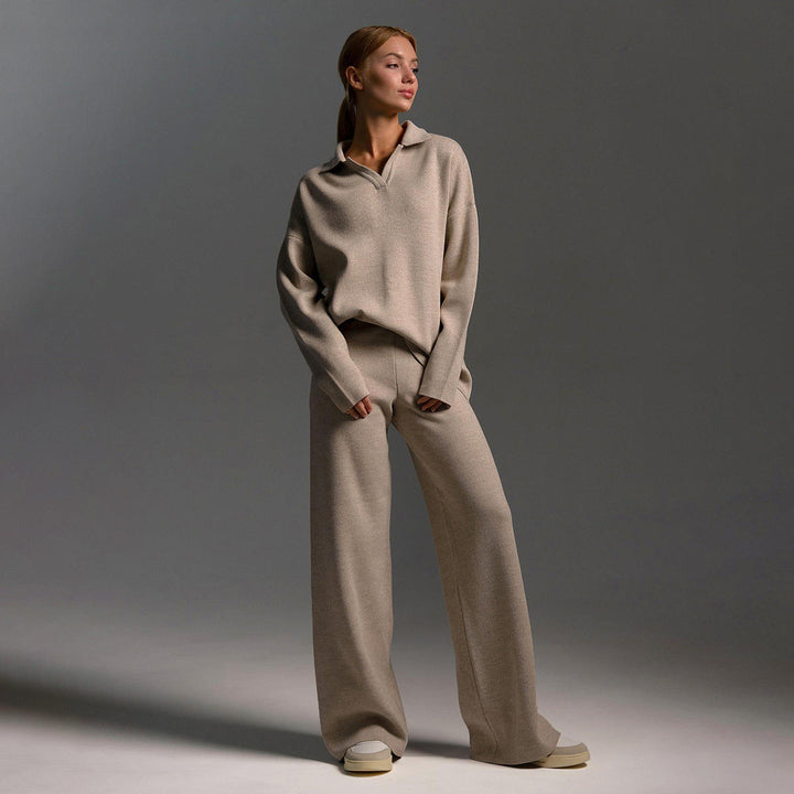 Ensemble Femme 2 Pièces avec Pull Polo et Pantalon Large