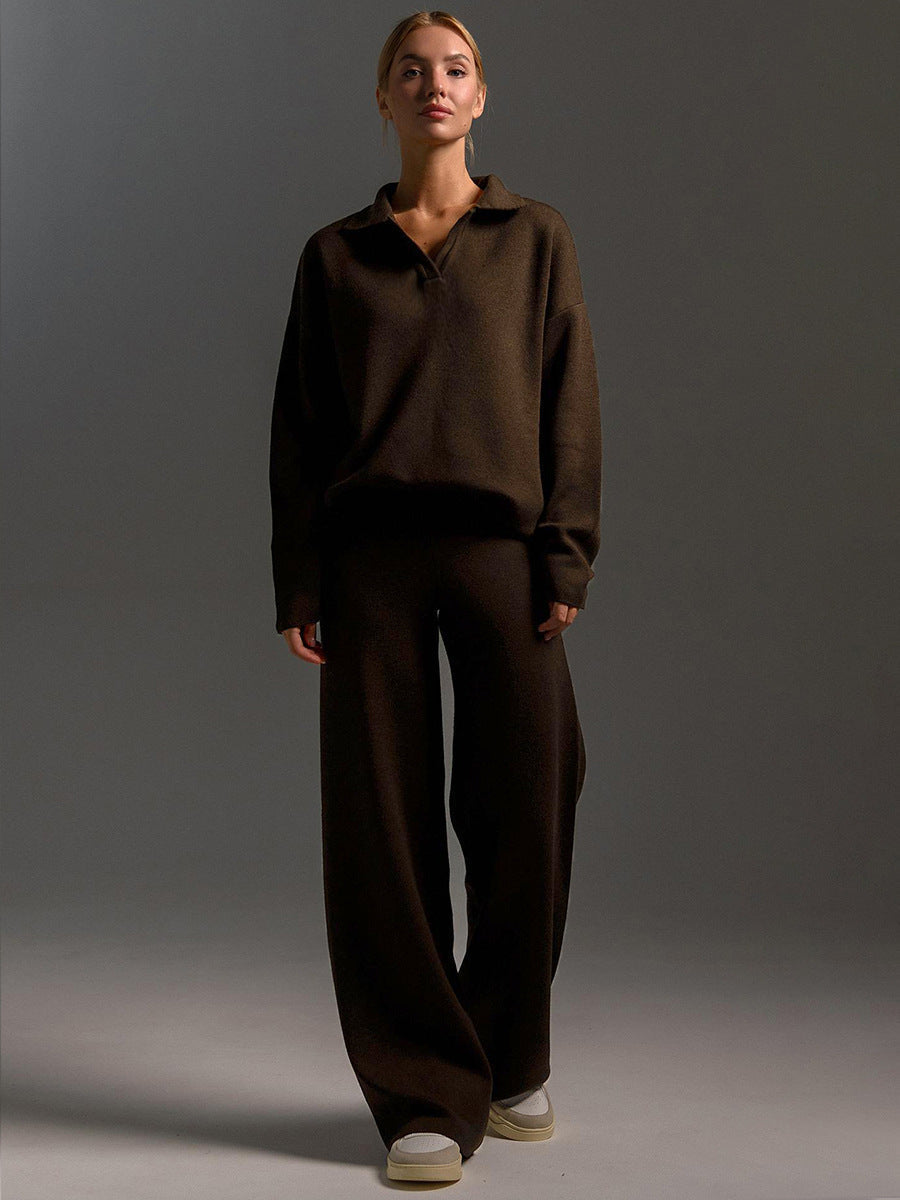 Ensemble Femme 2 Pièces avec Pull Polo et Pantalon Large