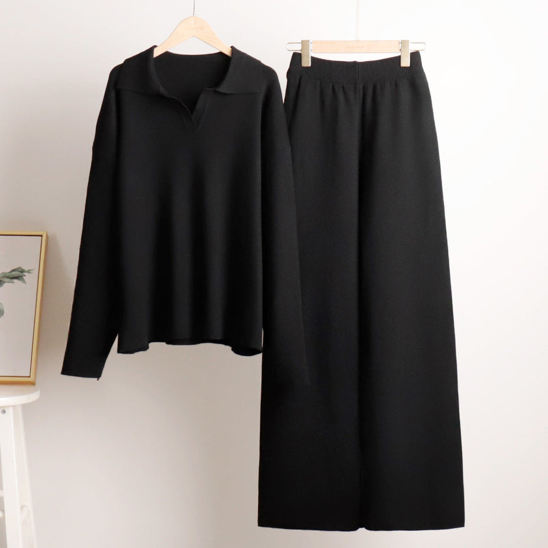 Ensemble Femme 2 Pièces avec Pull Polo et Pantalon Large