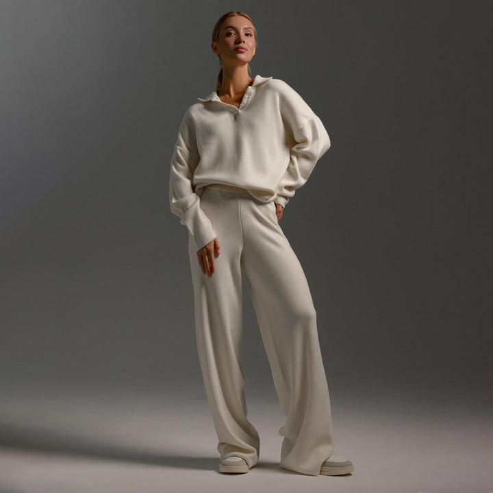 Ensemble Femme 2 Pièces avec Pull Polo et Pantalon Large