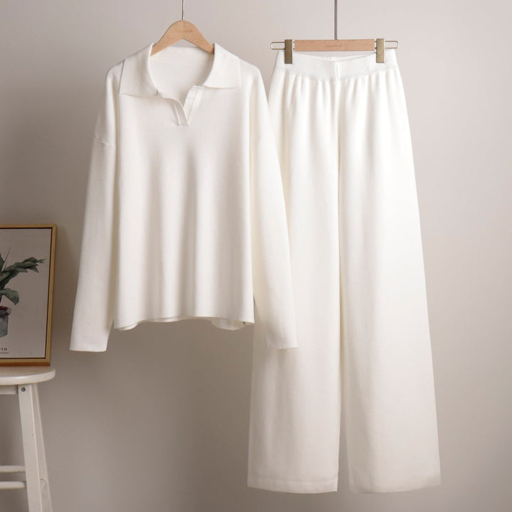 Ensemble Femme 2 Pièces avec Pull Polo et Pantalon Large