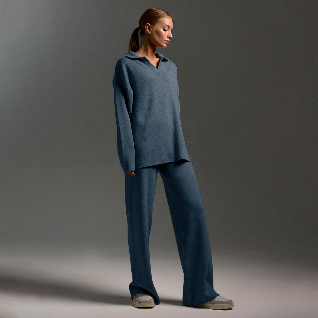 Ensemble Femme 2 Pièces avec Pull Polo et Pantalon Large