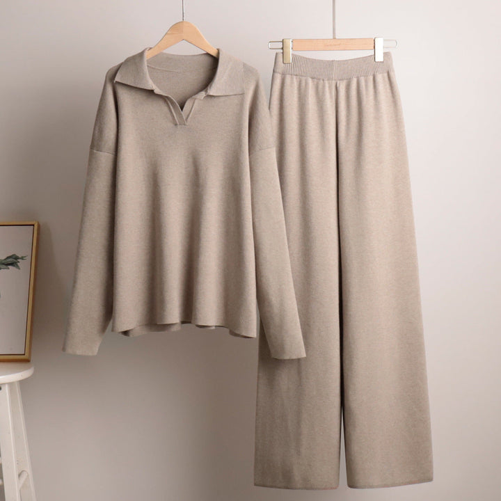 Ensemble Femme 2 Pièces avec Pull Polo et Pantalon Large