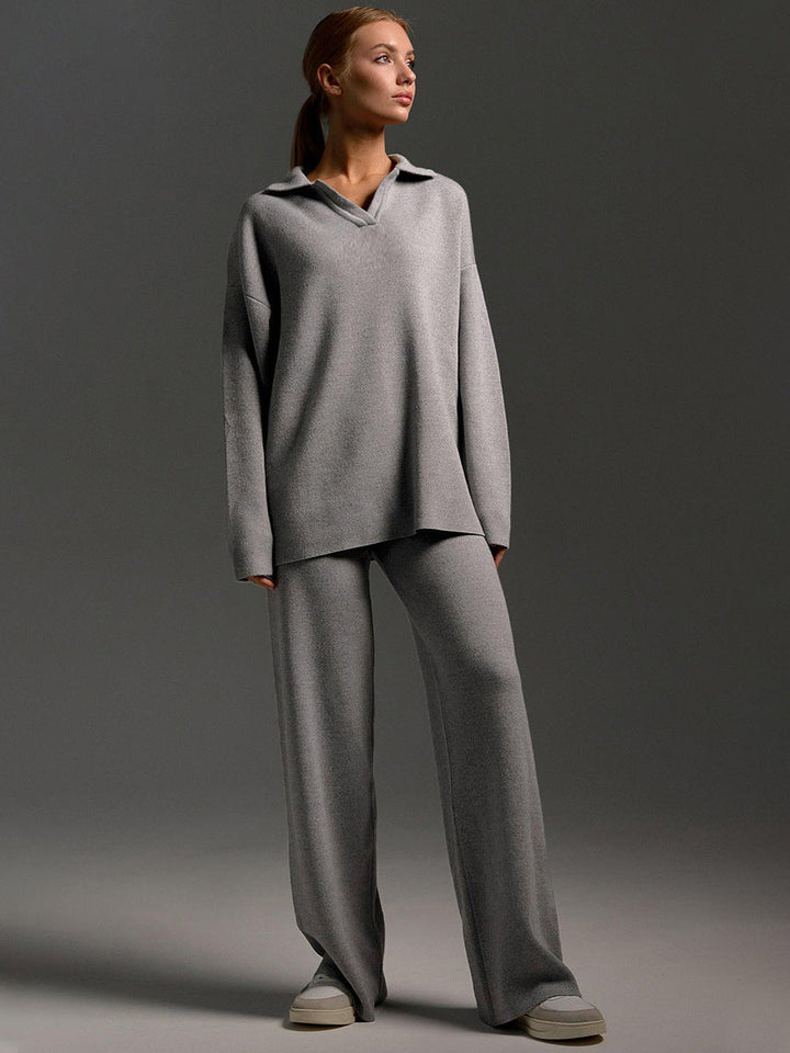 Ensemble Femme 2 Pièces avec Pull Polo et Pantalon Large