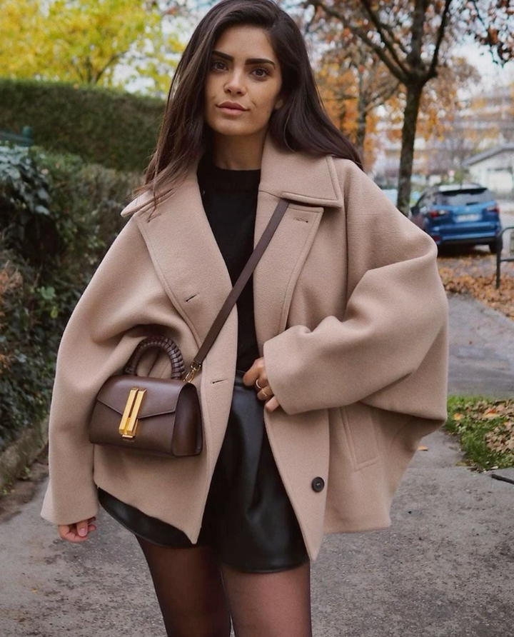Manteau d’Hiver Long Femme en Laine-Polyester à Double Boutonnage