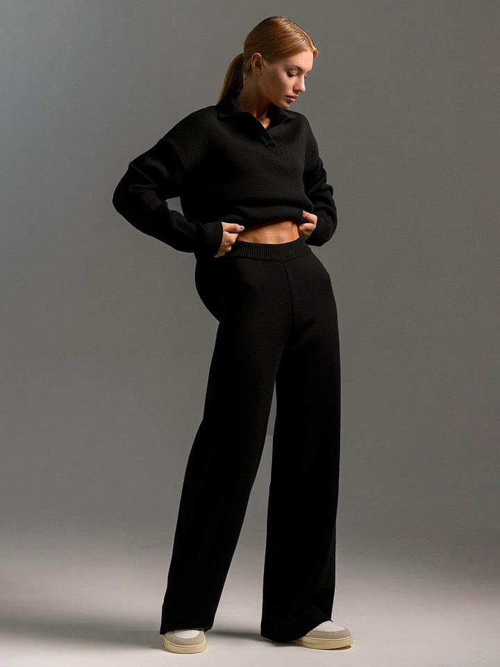 Ensemble Femme 2 Pièces avec Pull Polo et Pantalon Large
