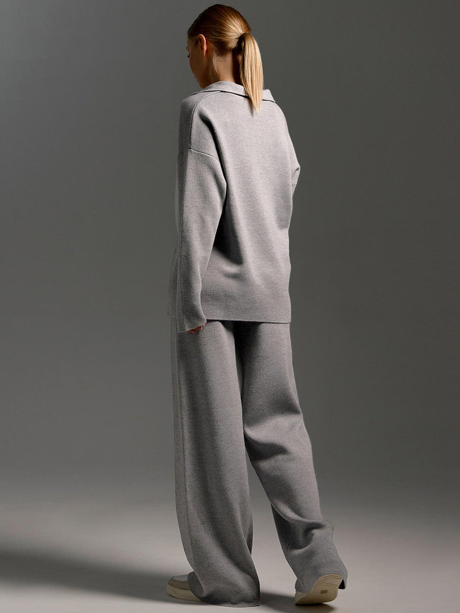 Ensemble Femme 2 Pièces avec Pull Polo et Pantalon Large