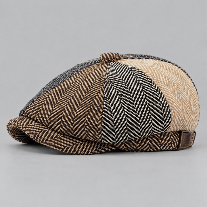 Casquette Newsboy Homme en Tweed Motif Chevrons avec Bouton et Visière Courte